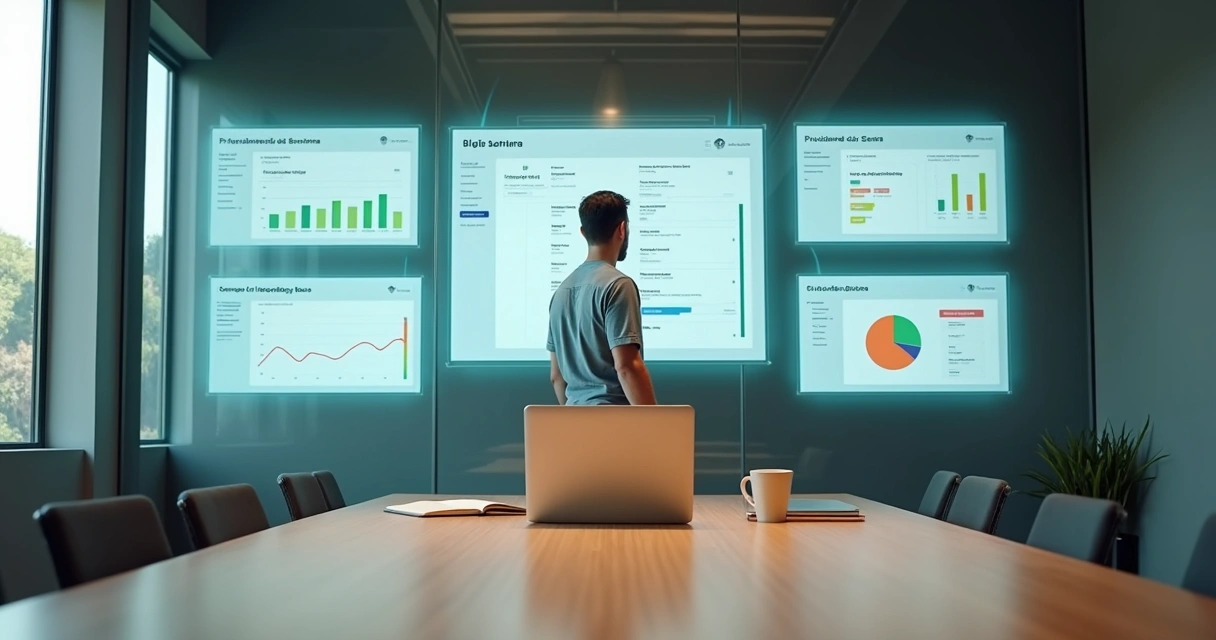 Gestor de PME diante de parede de telas digitais organizando projetos e indicadores 