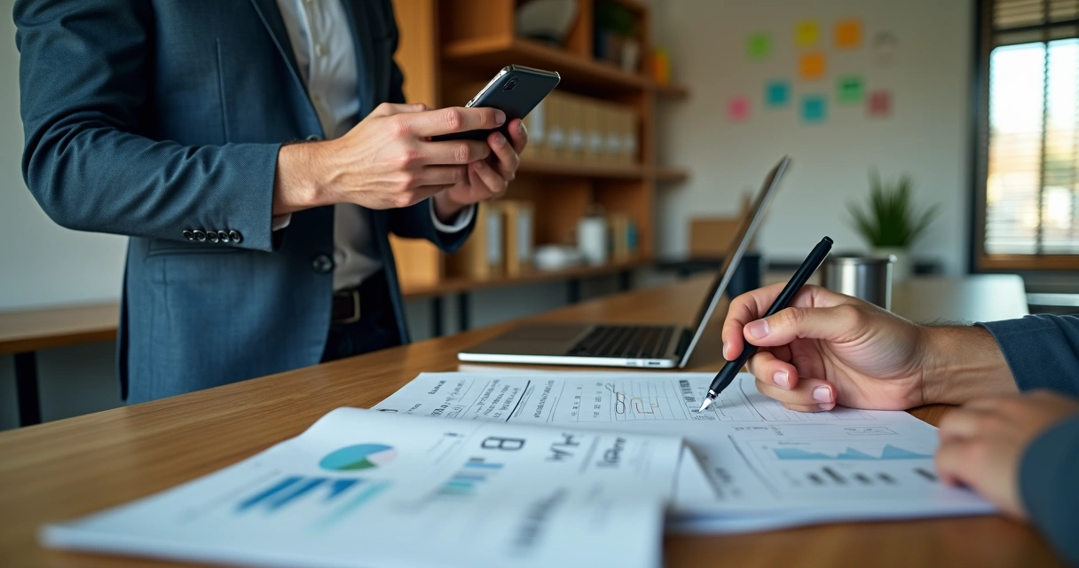 Gestor de PME brasileiro usando ChatGPT no celular ao lado de caderno com anotações de gestão 