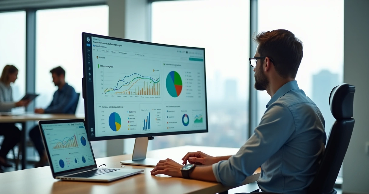 Gestor de PME analisando painel de plataforma de RH com IA no computador 