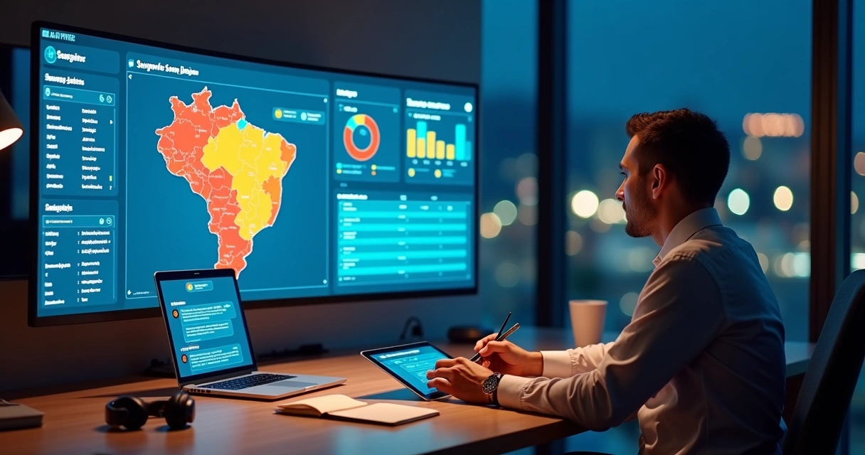Gestor político observando painel digital com mapa e dados eleitorais 