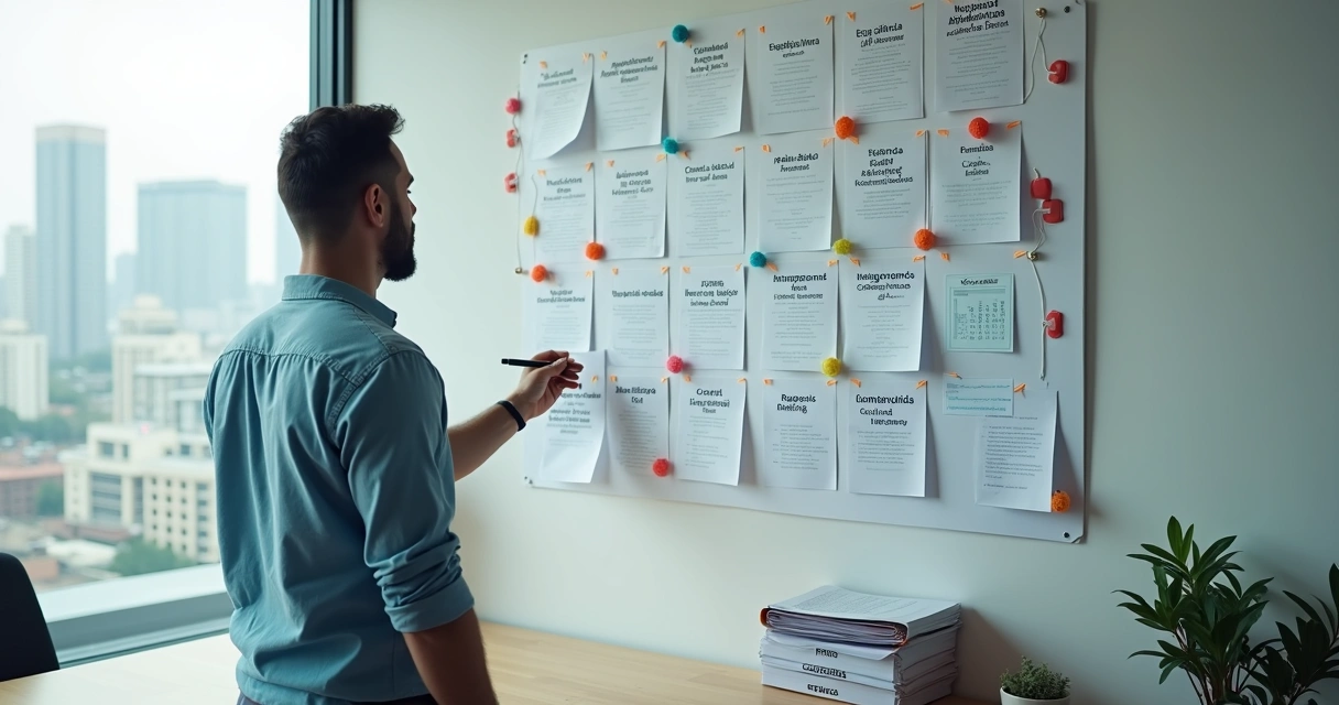 Gestor político em pé diante de parede com cartões de indicadores organizados 