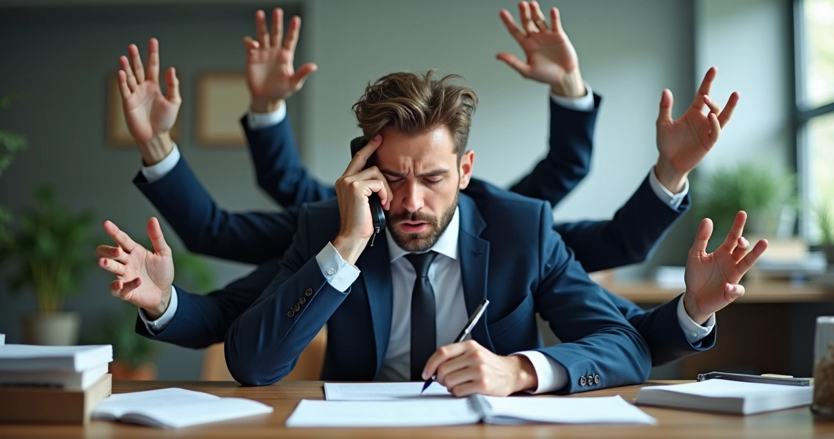 Homem sobrecarregado à mesa, vários braços fazendo tarefas diferentes, expressão exausta