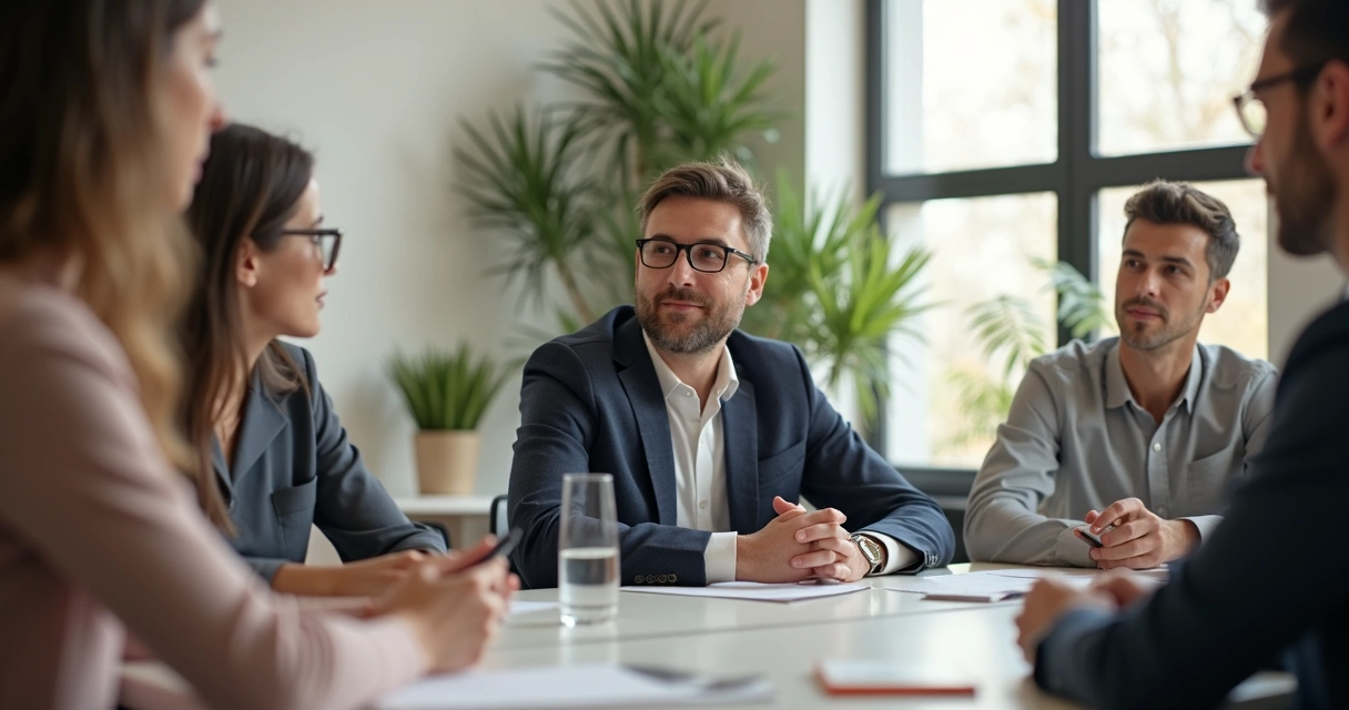 Gestor sentado à mesa de reunião, atento, com postura relaxada, equipe ao fundo 