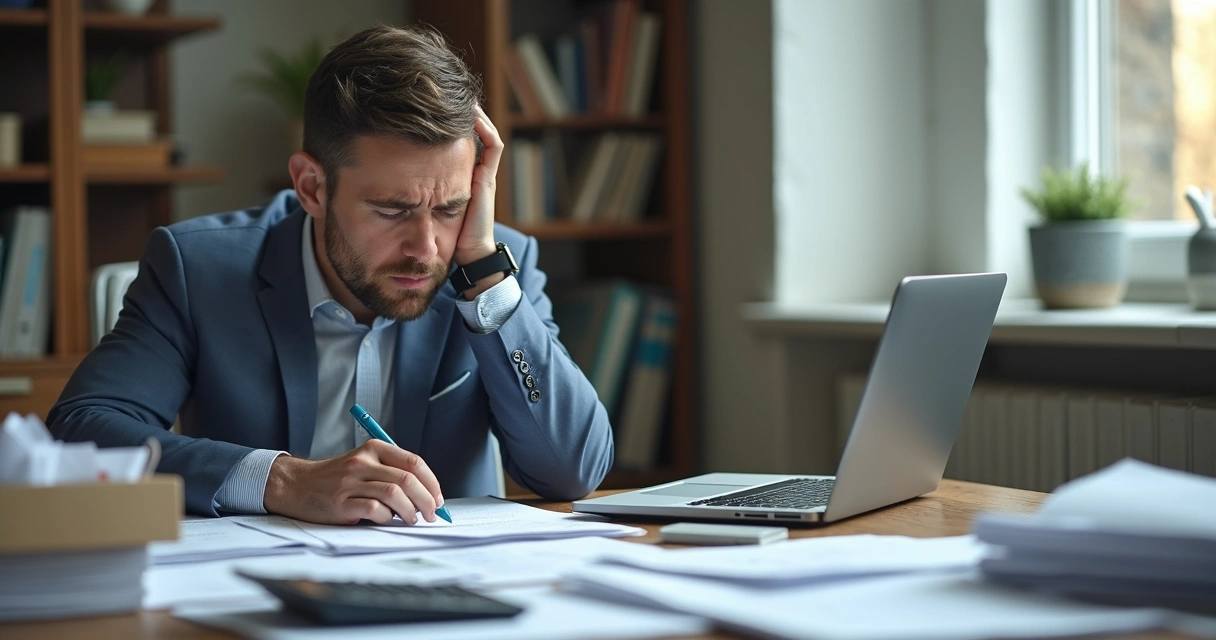 Gestor em mesa bagunçada com papéis e calculadora 