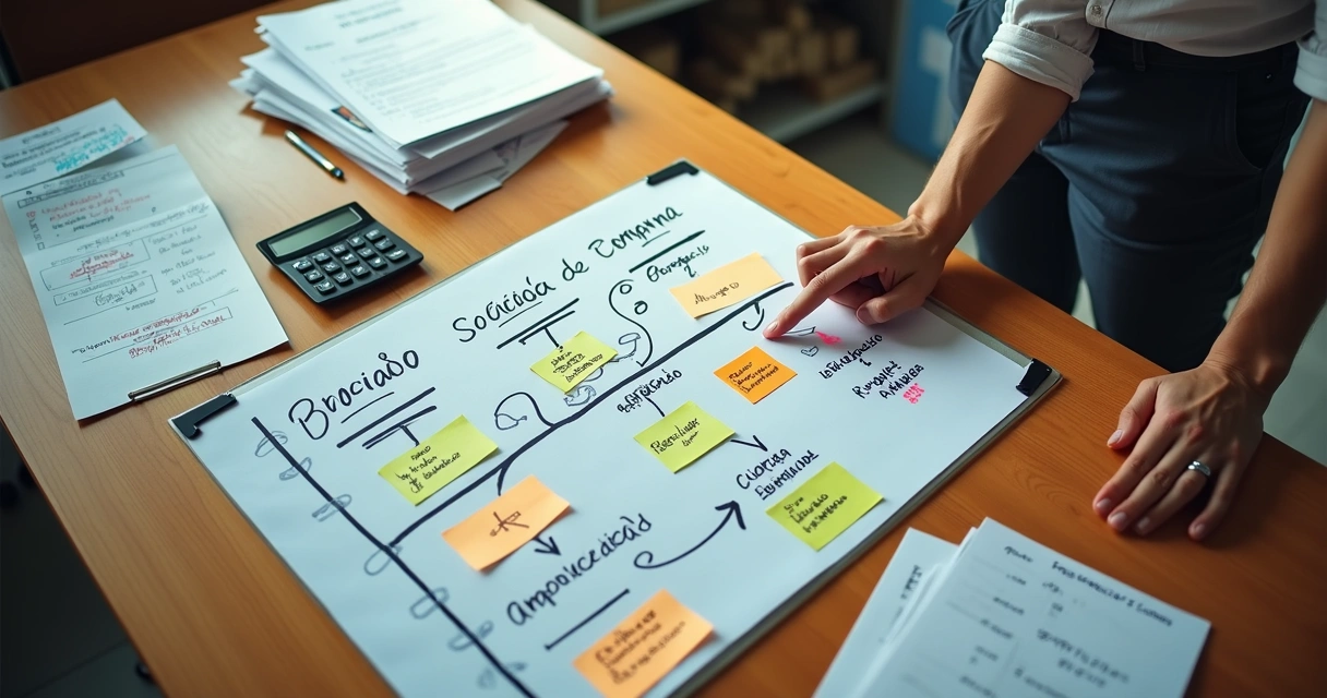 Gestor de PME organizando processo de compras com mural cheio de cartões e notas adesivas 