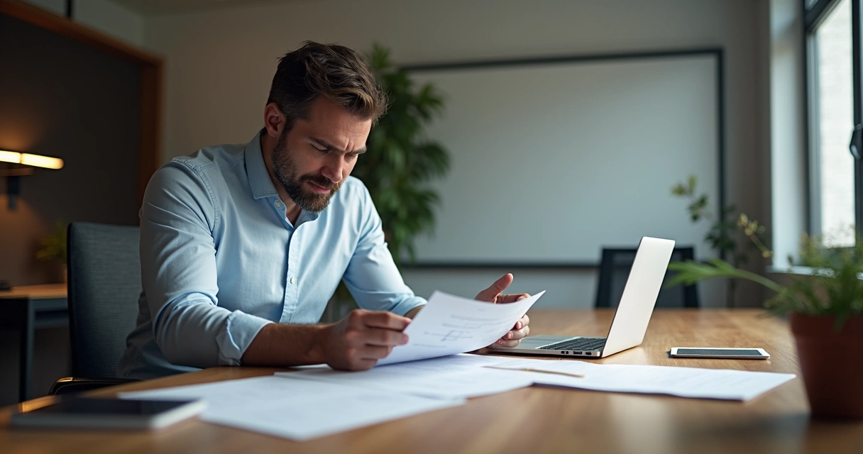 Gestor analisando processo seletivo com planilha e documentos em mesa. 