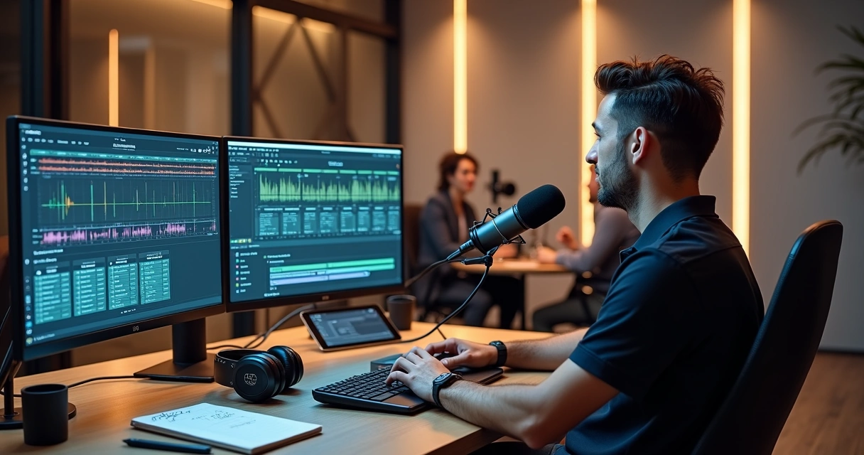 Empresário em estúdio de podcast analisando painel de controle de produções corporativas 