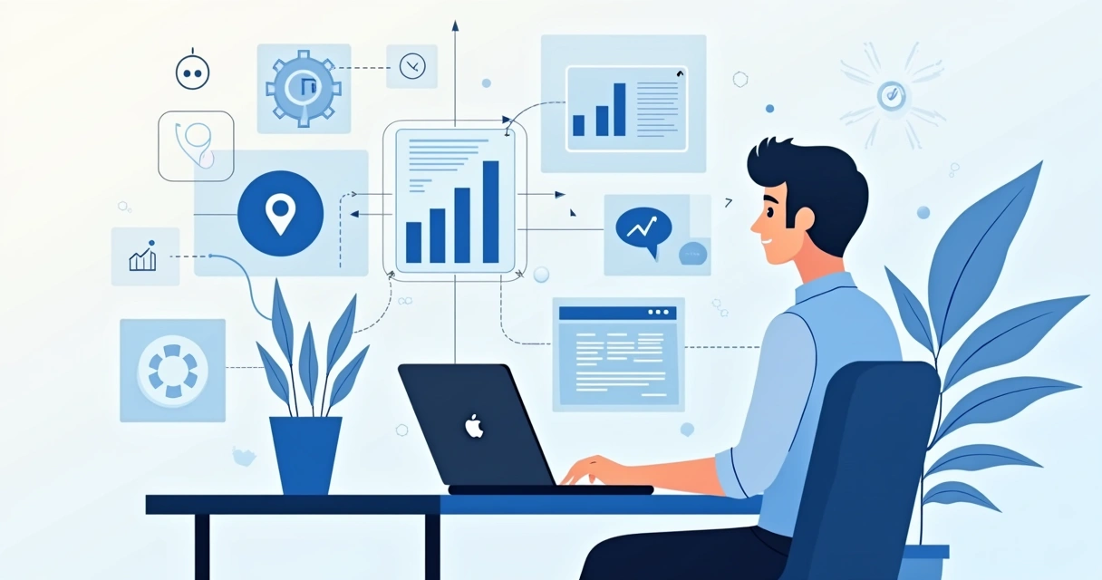 Ilustração corporativa flat de gerente de projetos usando assistente de inteligência artificial no Microsoft Project 