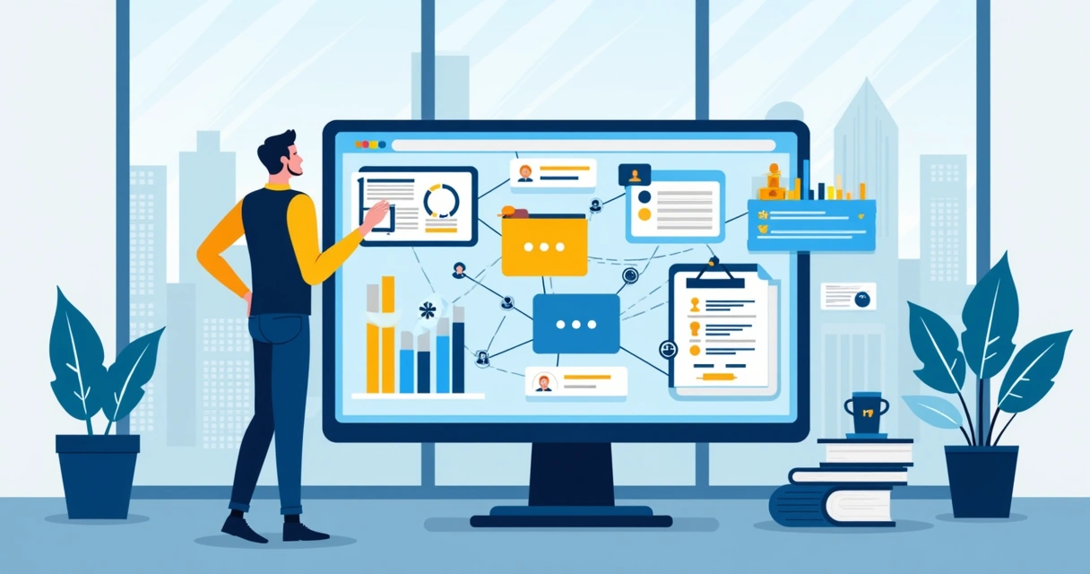 Gestor confere dados em tela digital em gabinete moderno 