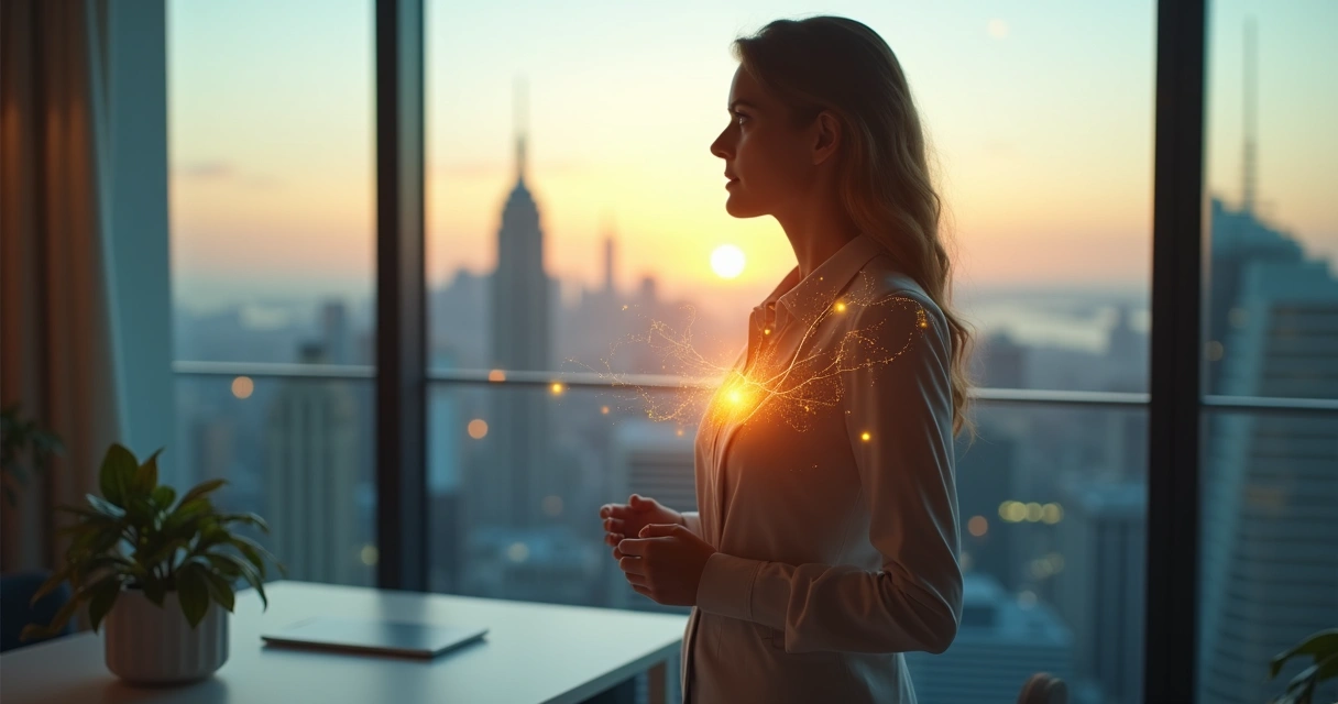 Gestor refletindo diante da cidade com conexão entre mente e coração 