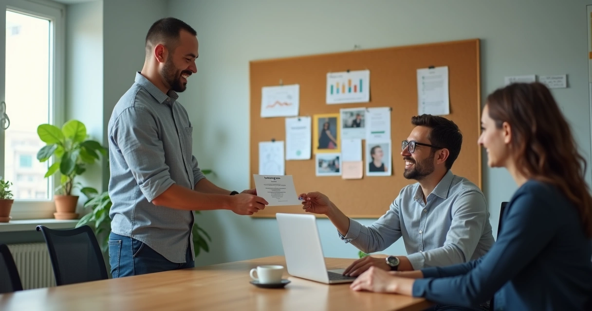 Gestor entregando agradecimento escrito a colaborador em ambiente de escritorio brasileiro 