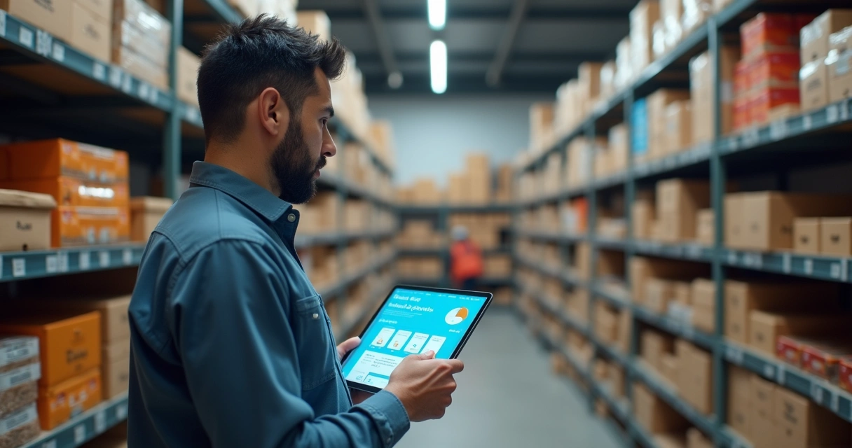 Gestor auditando estoque com tablet e não encontrando falhas 