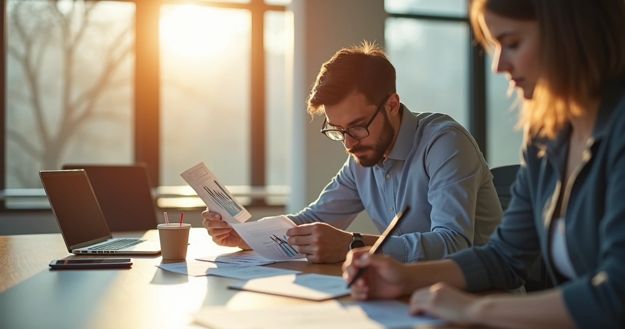 Gestor jovem sentado à mesa de reunião olhando para gráficos e anotações 