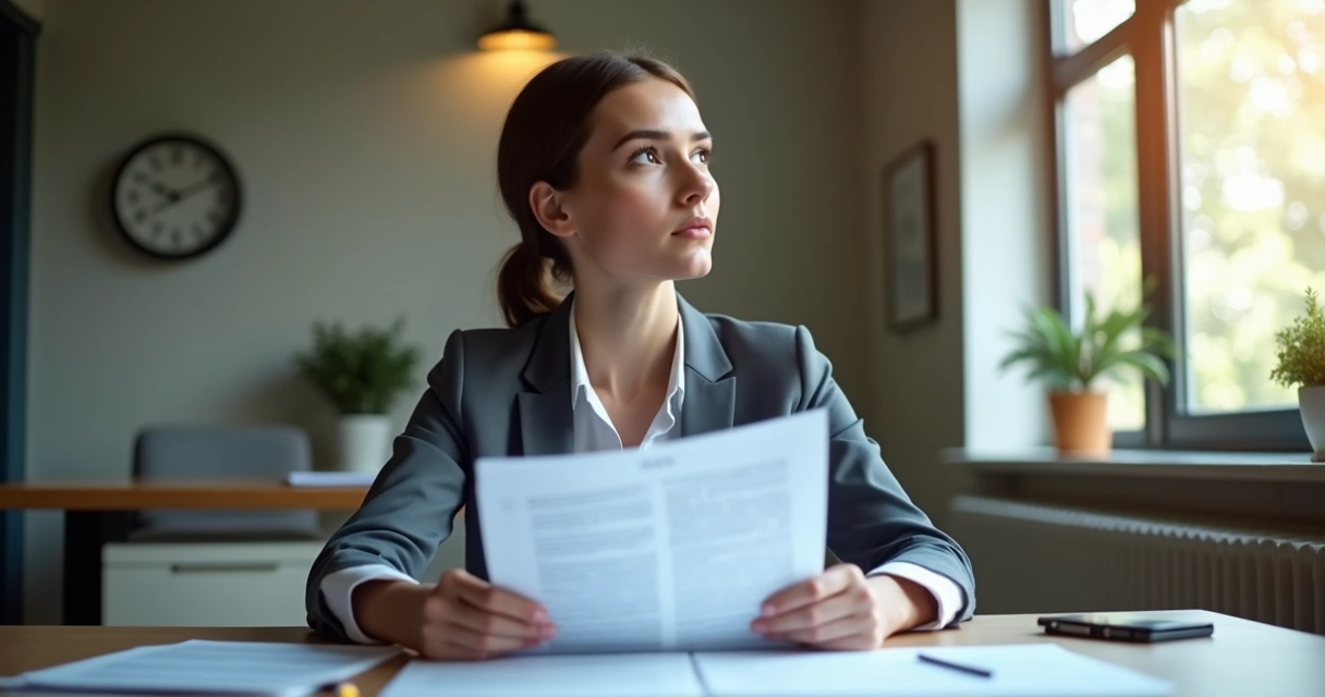 Gestor sentado à mesa, olhando para dois relatórios diferentes, expressão atenta 