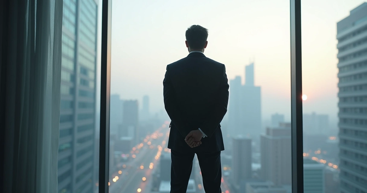 Gestor refletindo em silêncio diante de janela no escritório