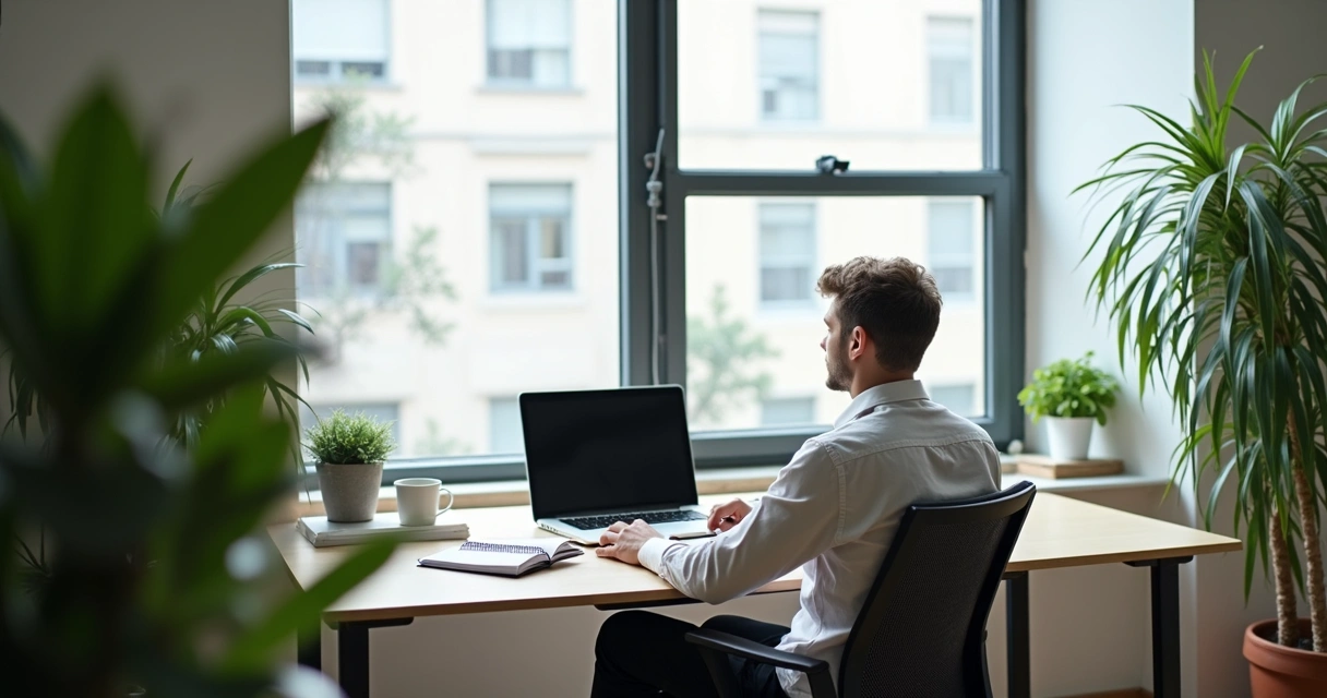 Gestor refletindo sozinho em escritório moderno, notebook e plantas ao redor 