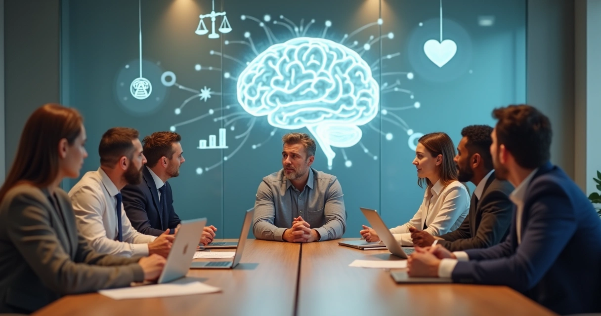 Gestor refletindo diante de equipe com sombras representando vieses inconscientes 