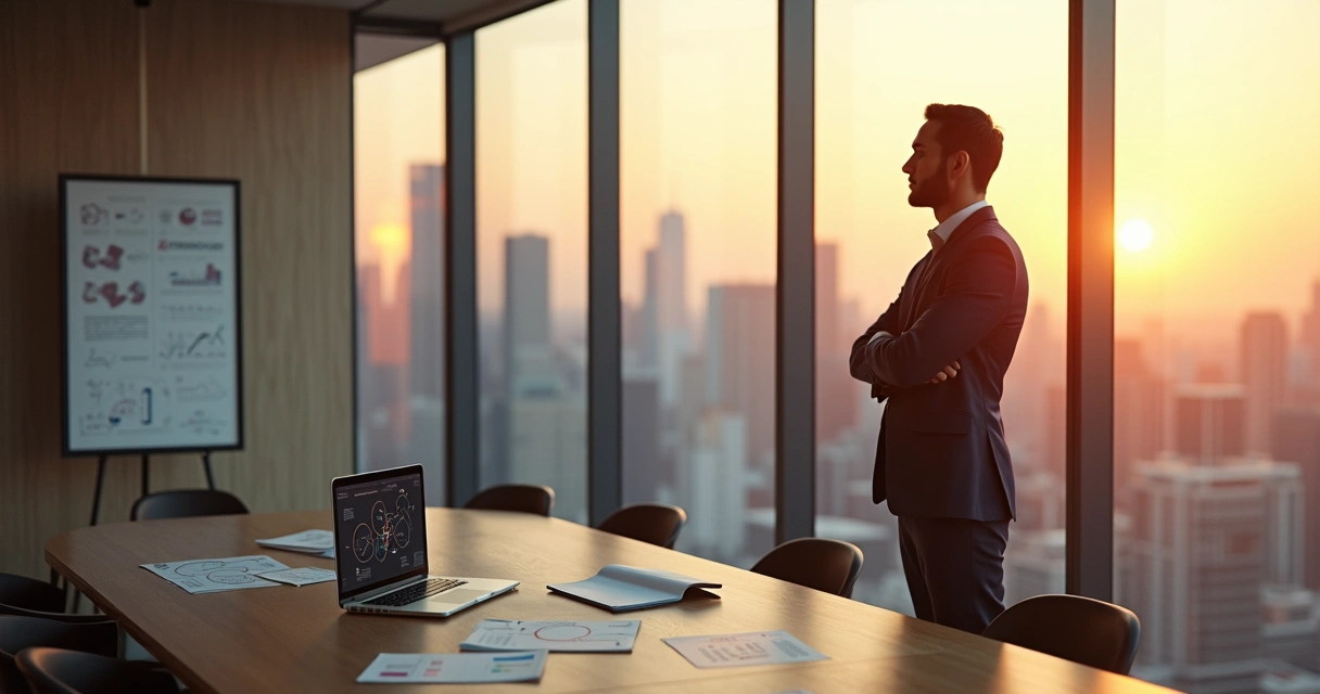 Gestor em sala de reunião observando cidade ao fundo em clima de reflexão estratégica 