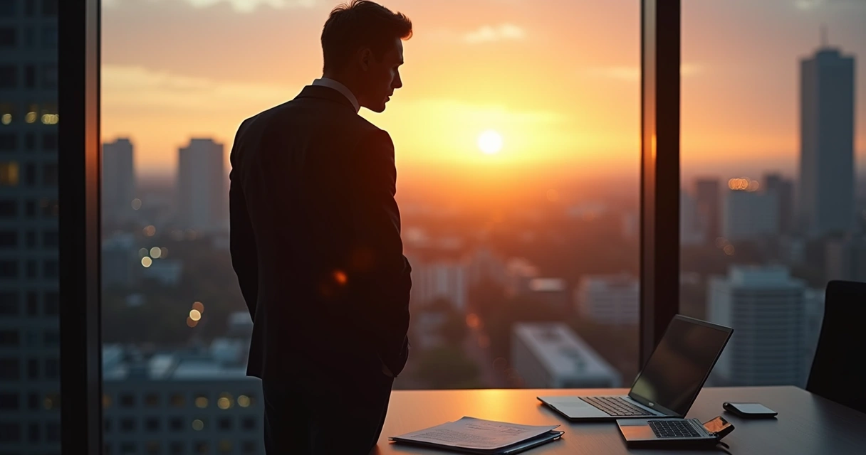 Gestor olhando pela janela refletindo em silêncio 