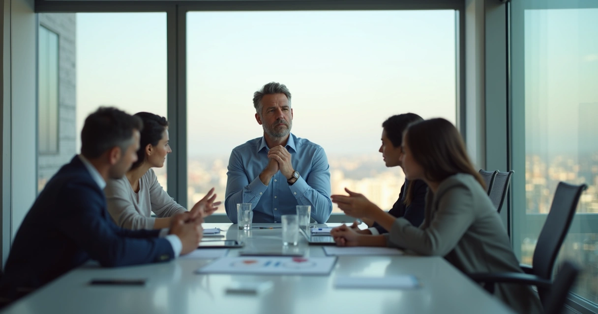 Gestor sentado em sala de reunião moderna refletindo com equipe ao fundo desfocada 