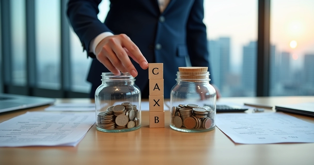 Gestor coloca blocos fiscais equilibrando caixa e dívidas em mesa de escritório 