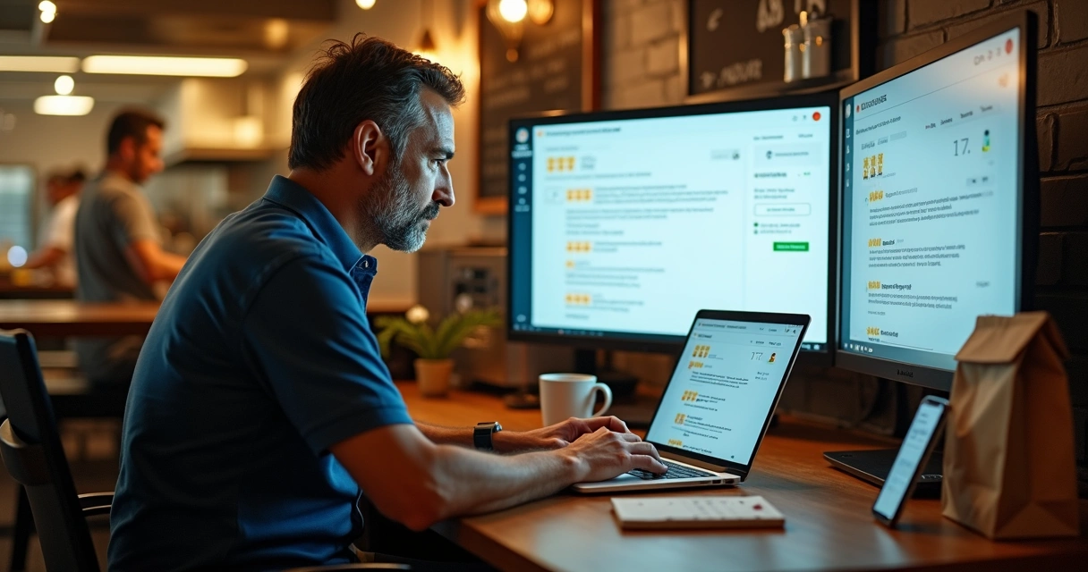 Gestor de restaurante respondendo avaliações online em laptop com destaques de estrelas de review 