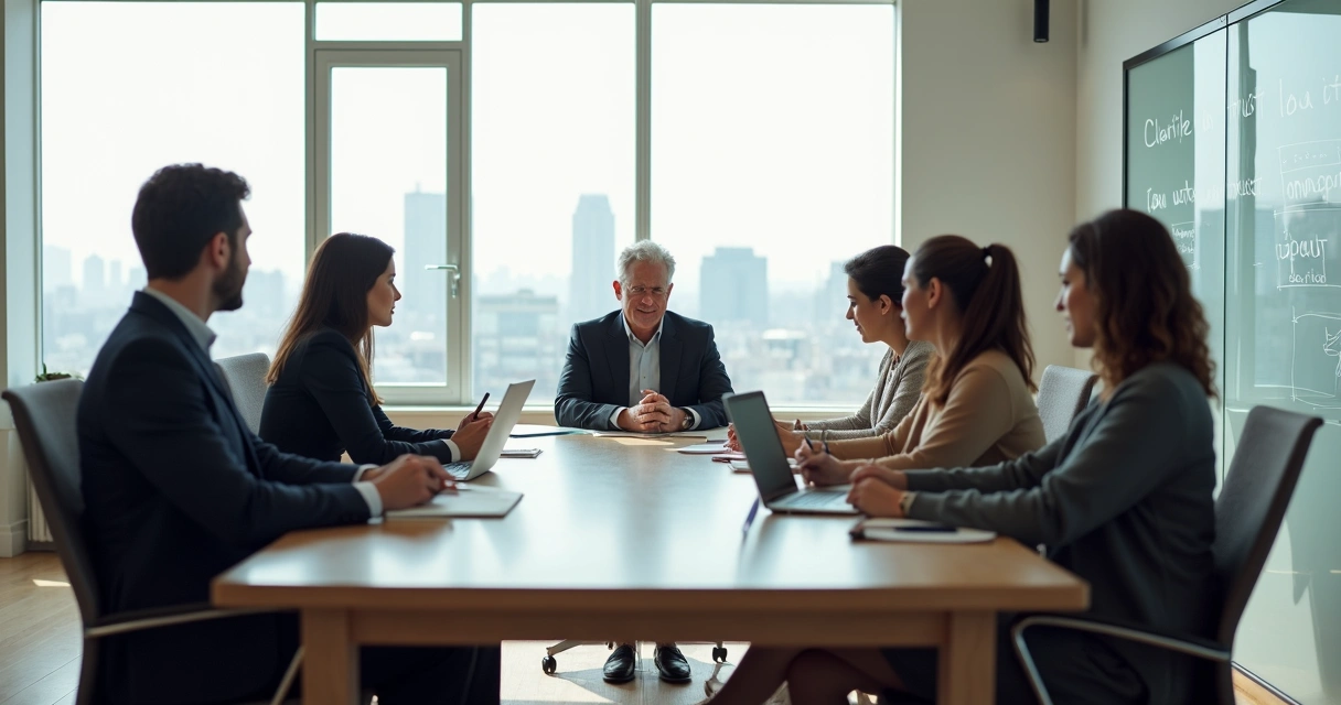 Gestor em reunião modelando responsabilidade emocional com a equipe 