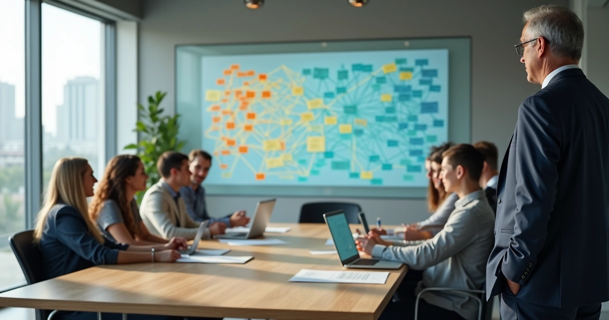 Gestor observando equipe em reunião com gráfico de conexões no fundo 