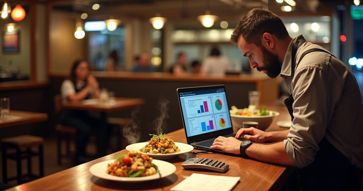 Gestor de restaurante analisando planilha de números ao lado de pratos preparados 