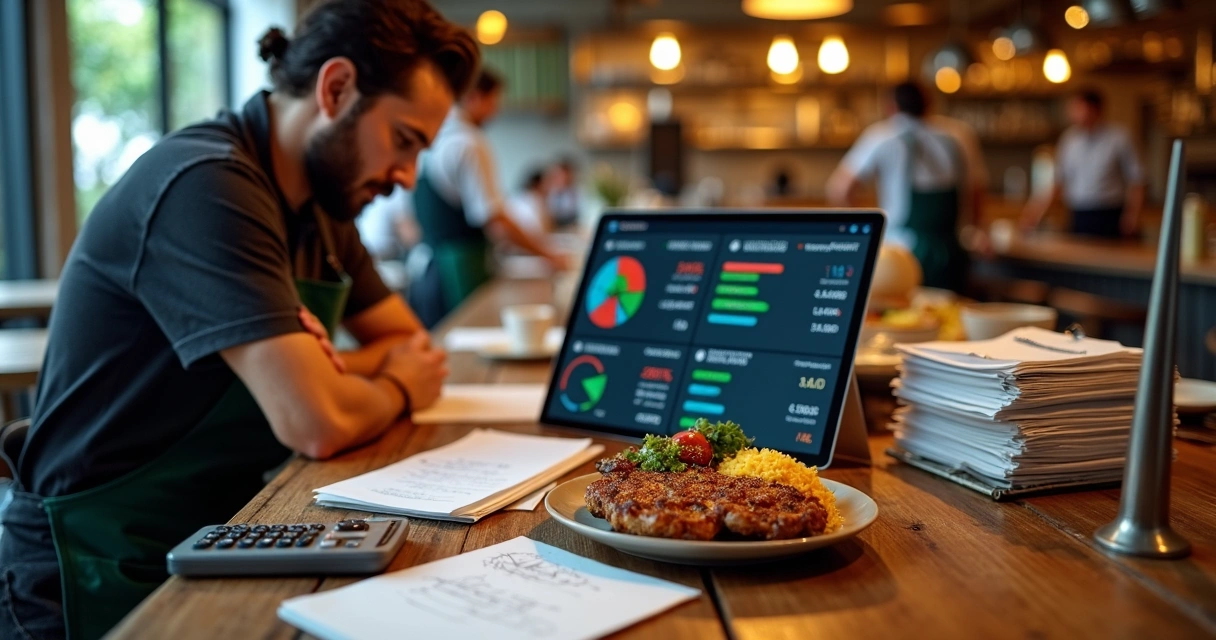 Dono de restaurante analisando dados financeiros ao lado de prato servido 