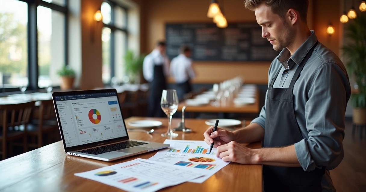 Gestor de restaurante analisando cardápio impresso com gráficos de lucro em laptop ao lado 