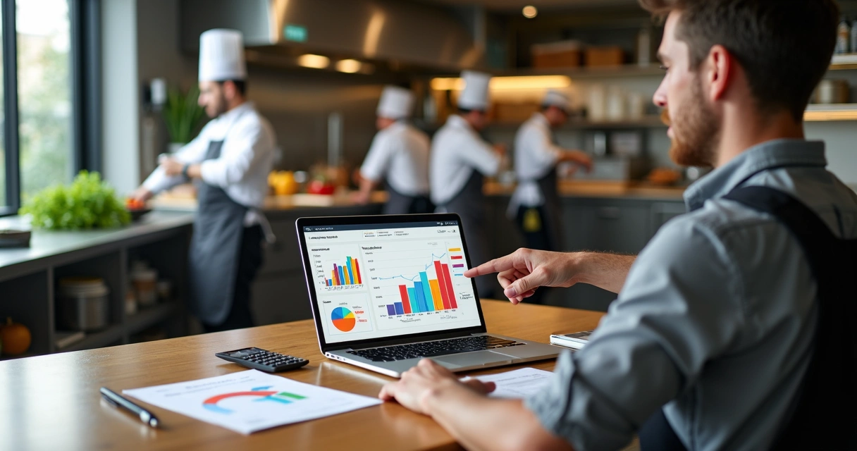 Gestor de restaurante analisando relatório de CMV e custos na cozinha 