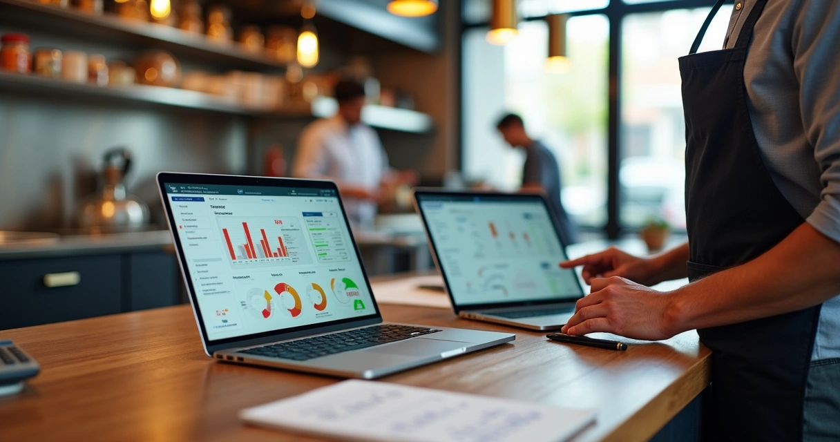 Gestor de restaurante analisando finanças com cozinha ao fundo 