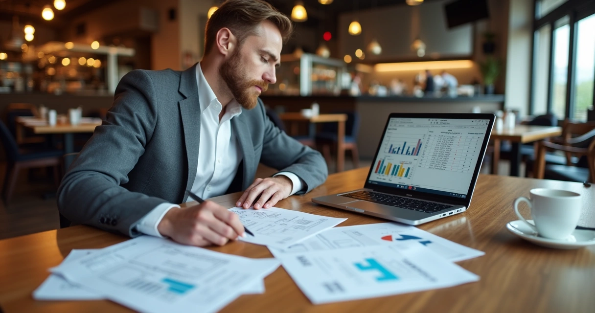 Gestor de restaurante analisando notas e relatórios financeiros 