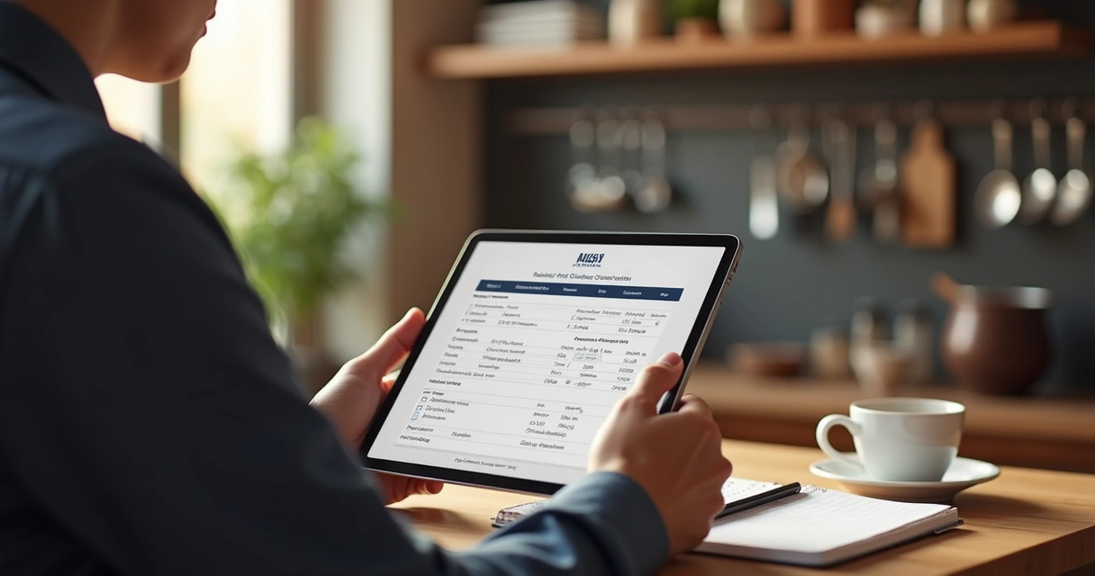 Mesa de restaurante com gestor analisando ordem de compra digital em tablet, ao lado bloco de notas e café 