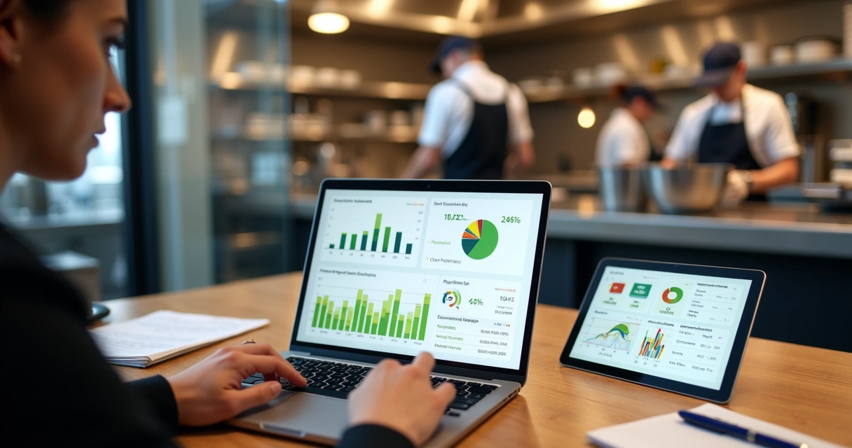 Gestor de restaurante analisando software de gestão com gráficos de desempenho na tela 