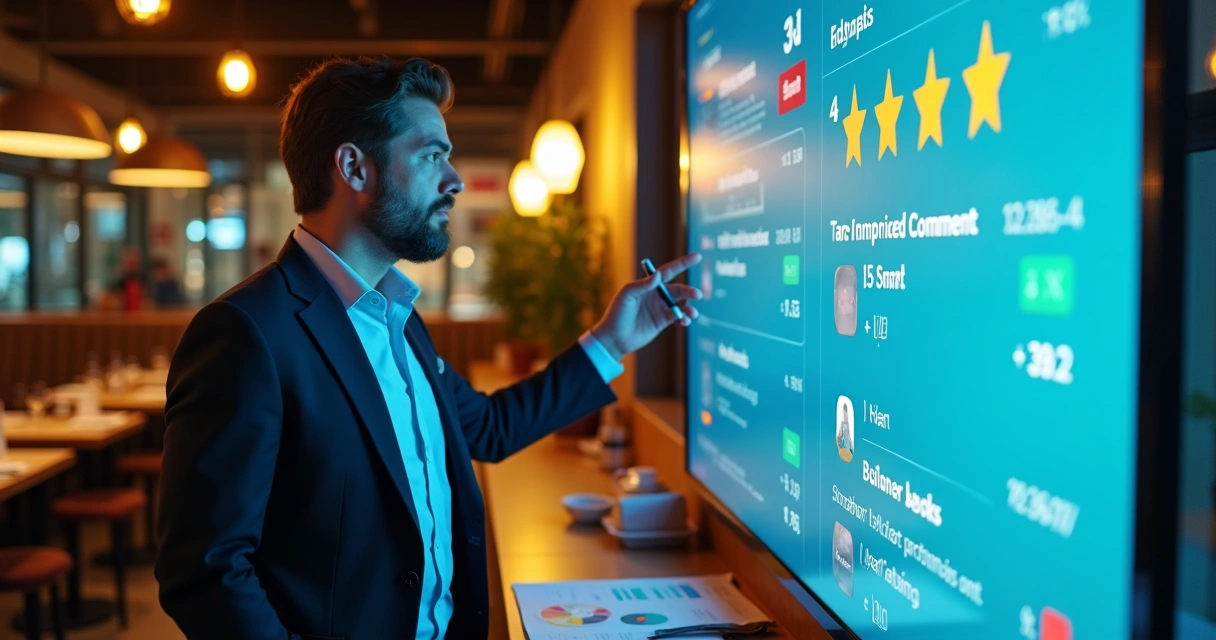 Gestor de restaurante analisando avaliações em marketplace na tela grande 