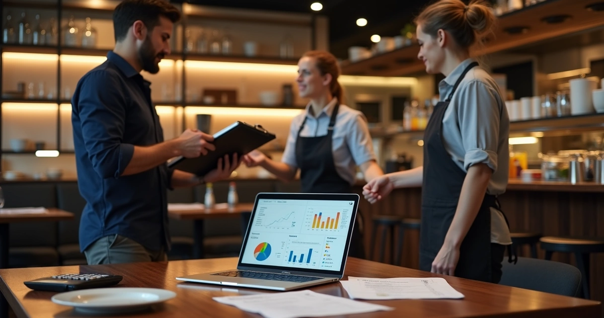 Gestor de restaurante analisando planilha enquanto funcionária se despede da equipe 