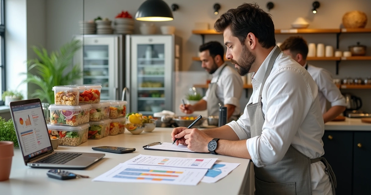 Gestor de restaurante fit revisando planilha em frente à cozinha aberta 