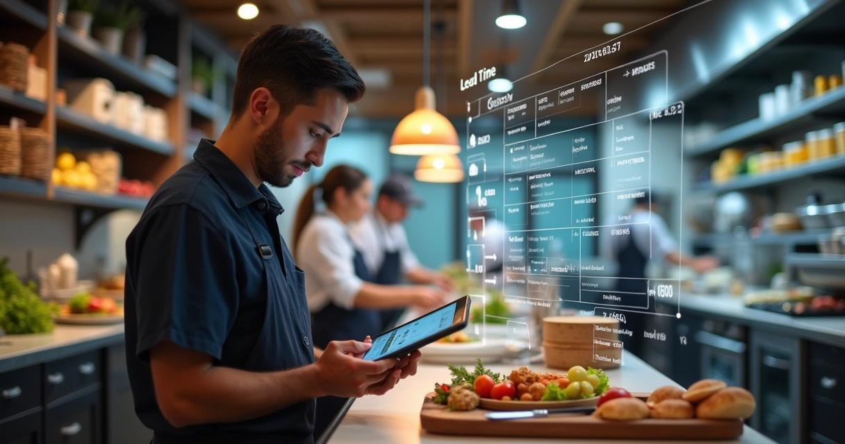 Gestor de restaurante checando tablet com sistemas de gestão de estoque e pedidos 