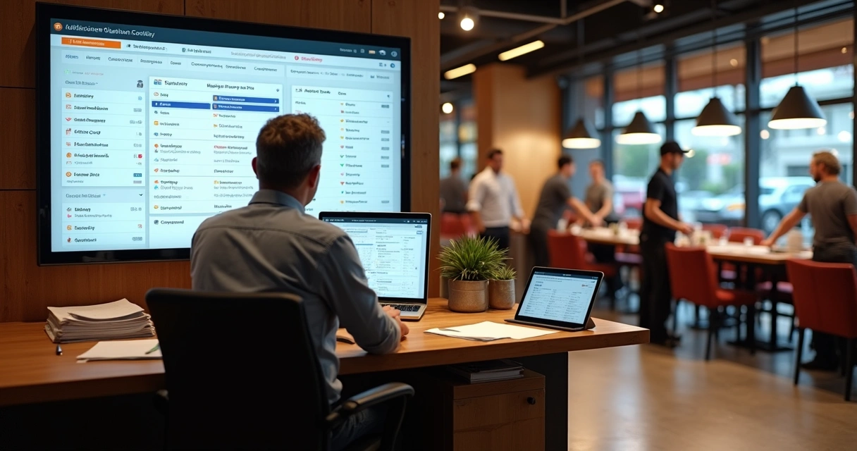 Gestor de restaurante analisando painel digital de tarefas operacionais 