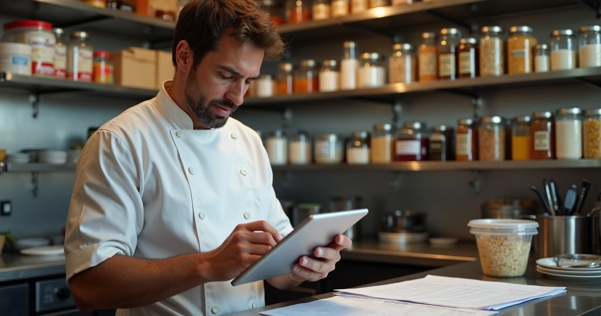 Gestor de restaurante analisando relatórios em tablet na cozinha 