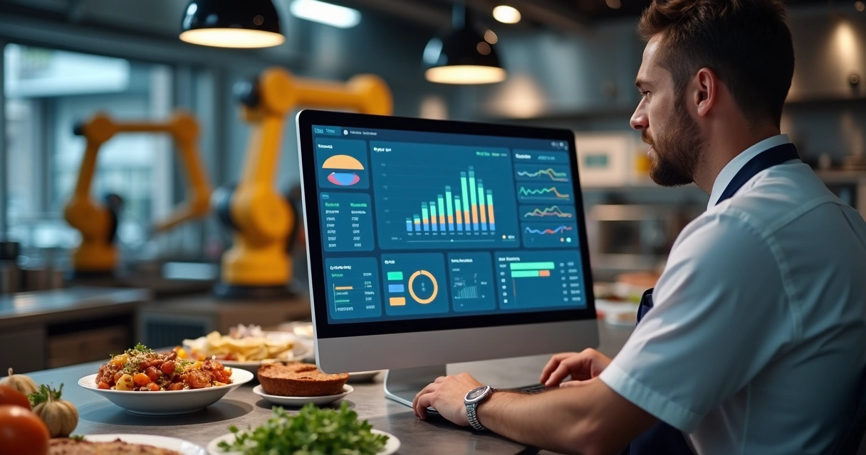 Gestor acompanhando robôs e dados de cozinha em painel digital 