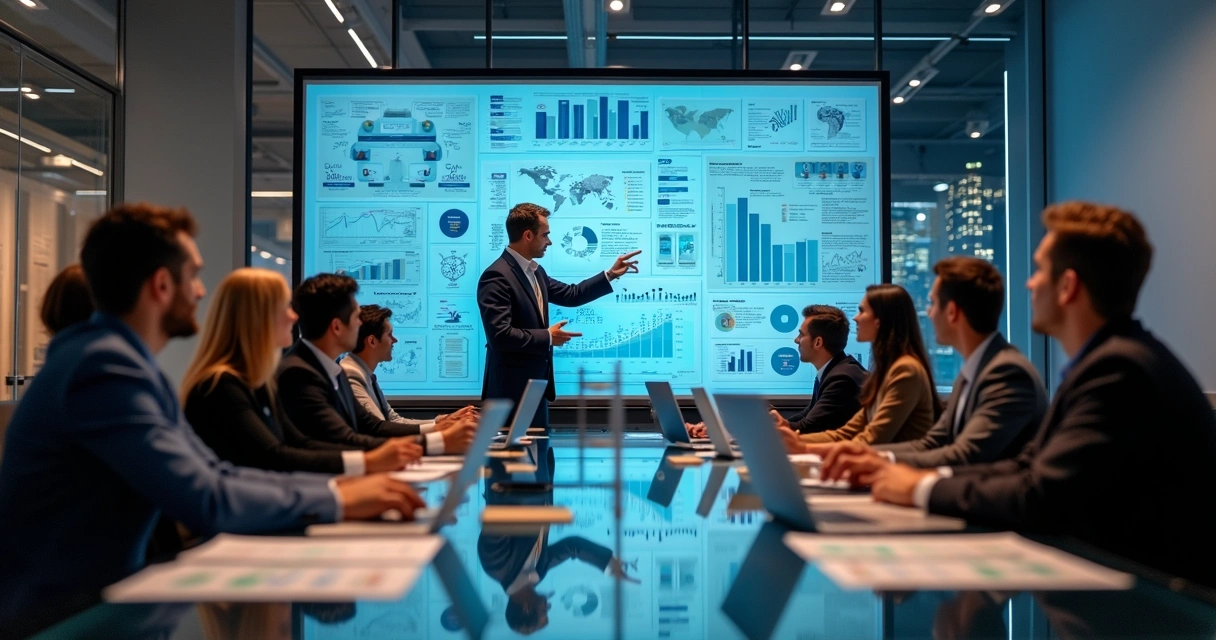 Equipe participando de reunião sobre estratégia de BI empresarial 