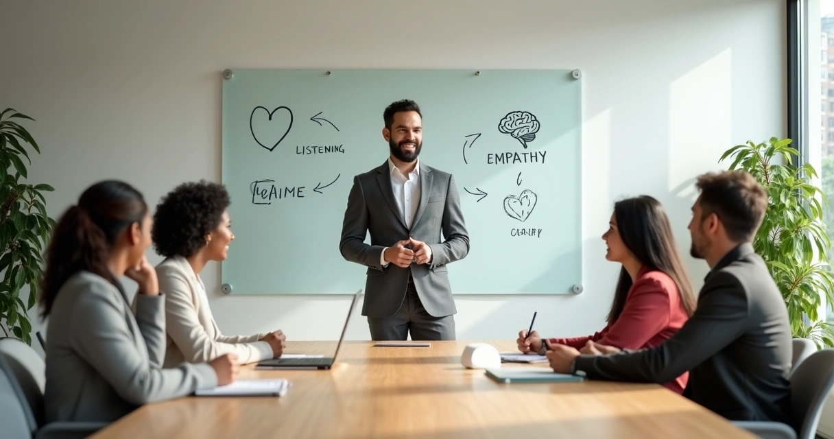 Gestor conduz reunião com equipe em ambiente moderno e acolhedor 