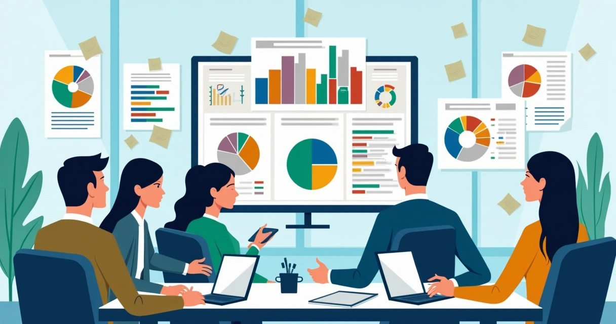 Gestores em reunião analisando gráficos e planilhas na mesa 