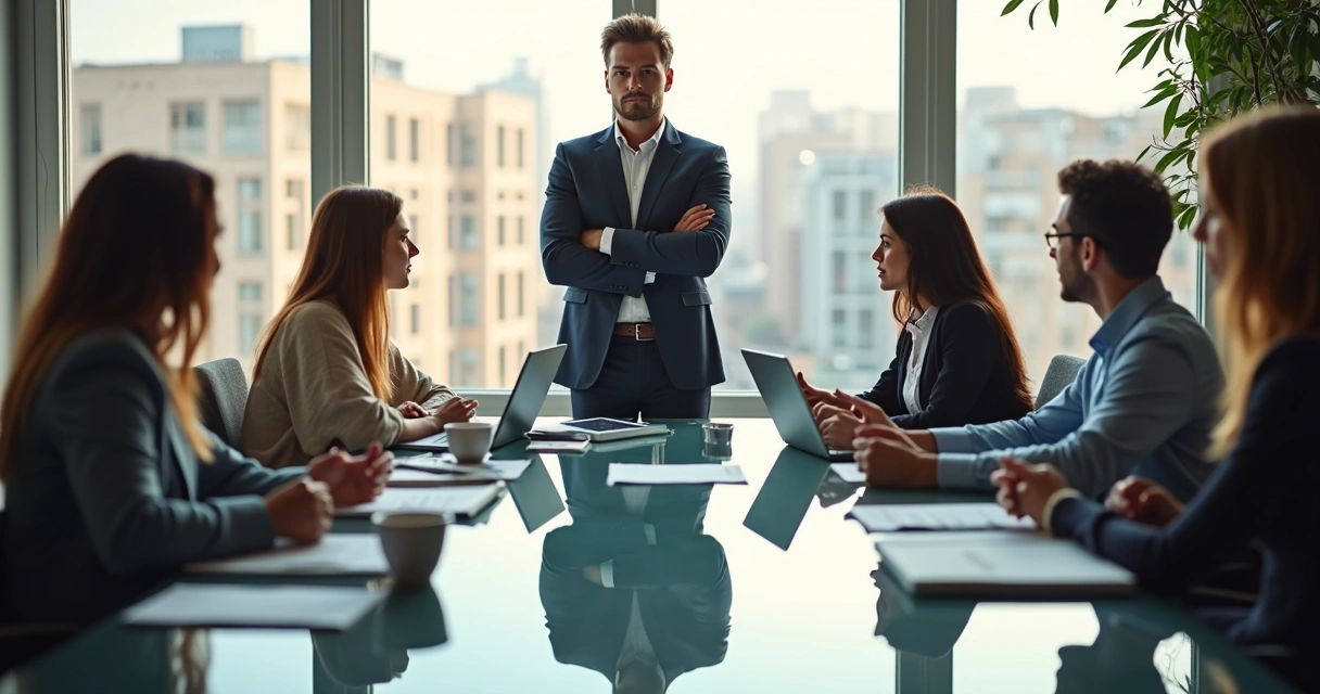 Gestor falando com equipe em reunião 