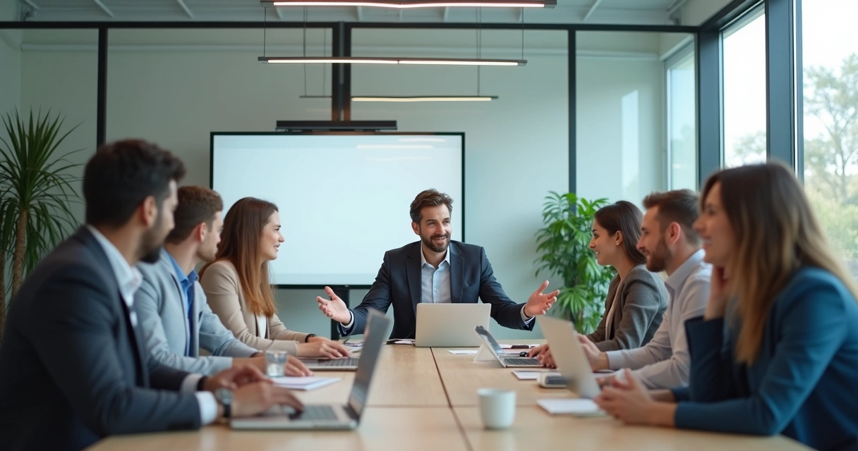 Gestor falando com equipe em reunião descontraída em sala de escritório 