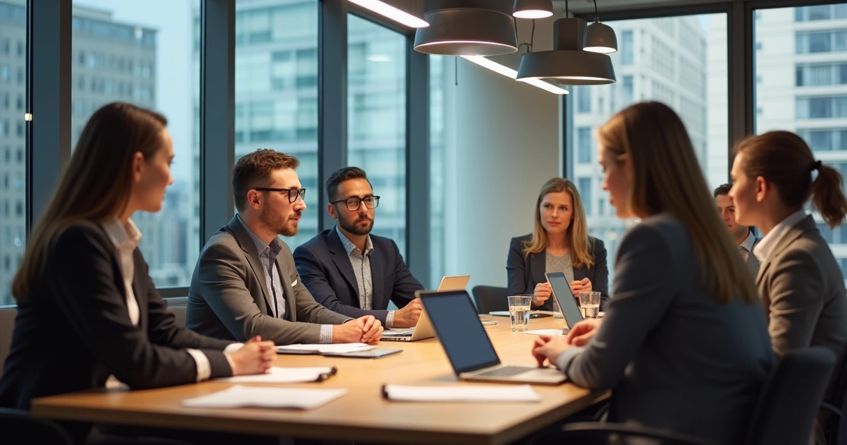 Gestor sentado à mesa ouvindo feedback da equipe durante reunião 