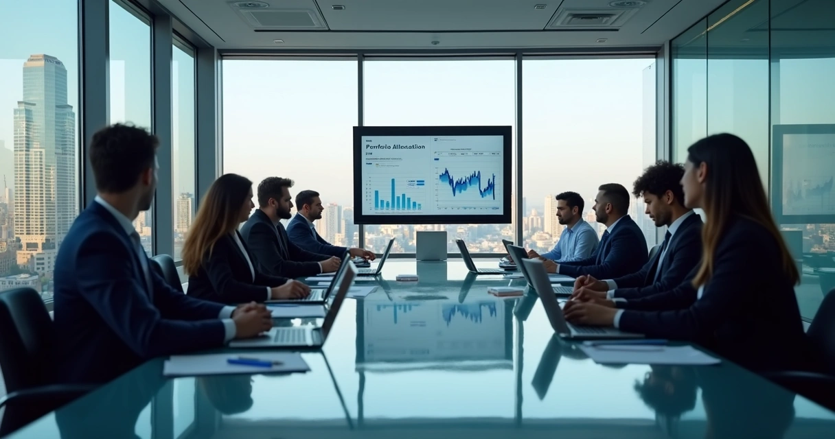 Reunião entre gestores de recursos e investidores em sala moderna com mesa de vidro 